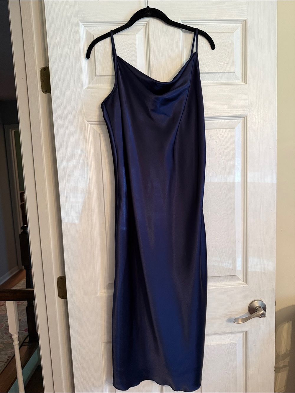 Bebe Navy Blue Satin Cowl Neck Slip Midi Dress Large